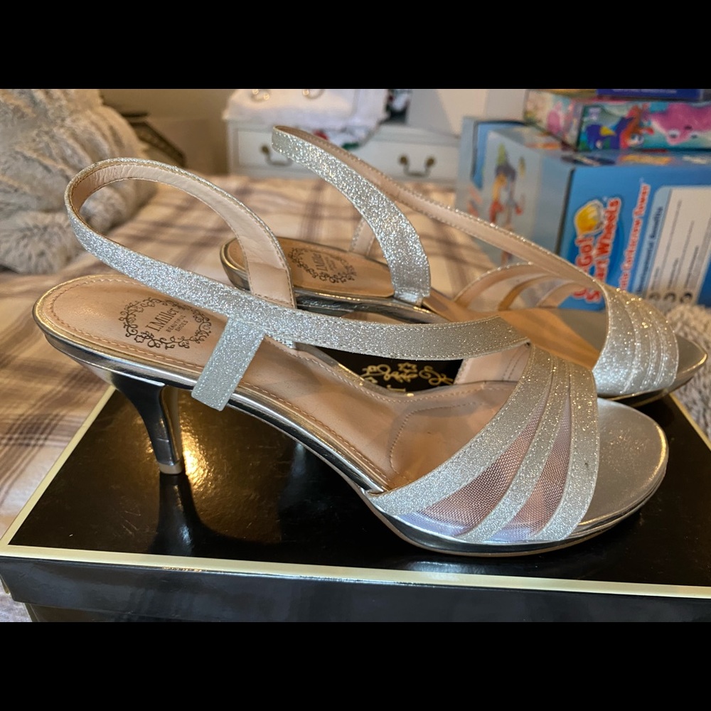 Silver strapped sparkly heels